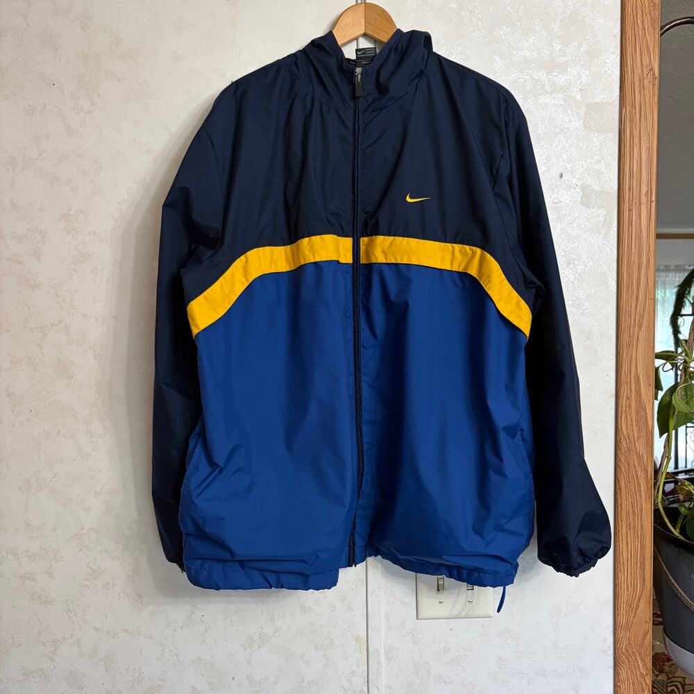 VTG Nike Blue Navy Yellow Color Block Lined Hooded Windbreaker 90's Sportswear L